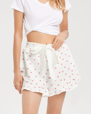 White with pink heart Women's All-Over Print Ruffle Shorts - Soul Verve