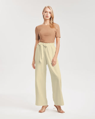 Beige Simple High-Waist Paperbag Pants Women's All-Over Print High-Rise Wide Leg Pants